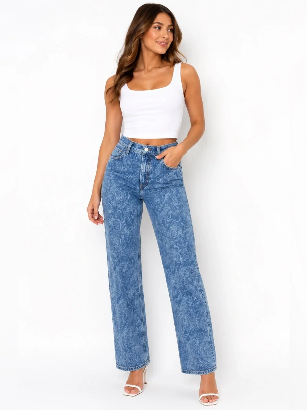MNG Mango Women’s Paisley Print Straight Leg Jeans Size 2 High Rise Blue Denim - Picture 1 of 11